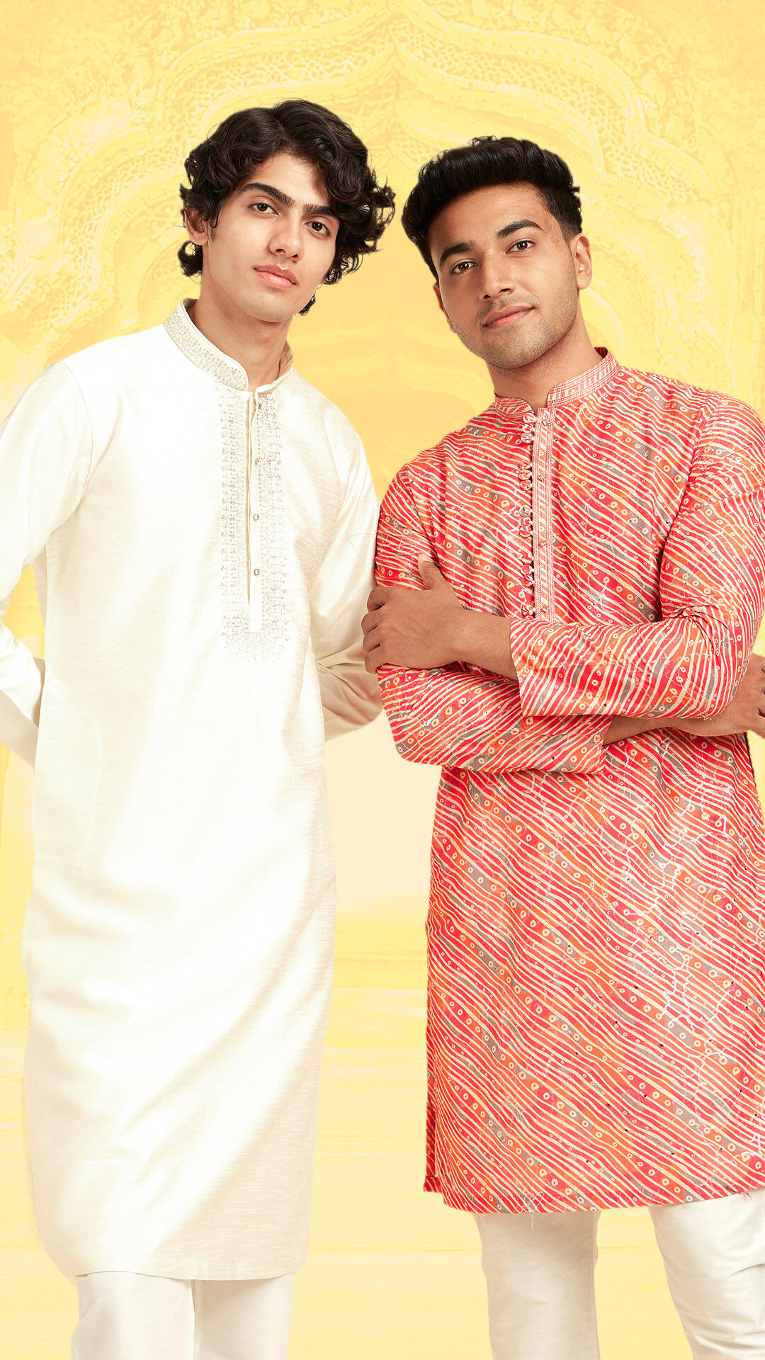 Men in white and red printed kurta pajamas styled for Onam 2025 festive fashion